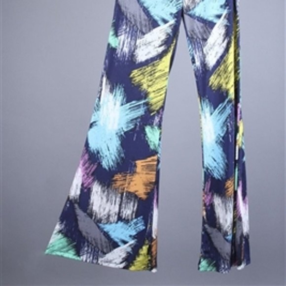 Honeylee Wide Band Flare Leg Palazzos Small Relaxed Abstract Paint Splash Pants - Picture 2 of 7